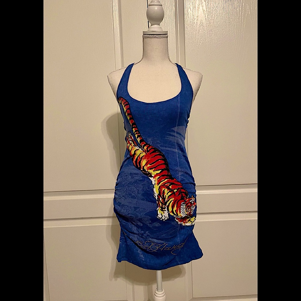 VTG Tiger Ed Hardy Bodycon dress L Blue Grey NWT